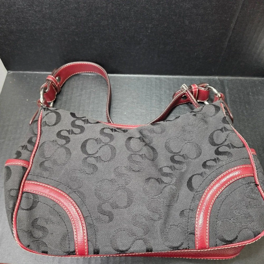 Sophia Caparelli Black‎ Red Monogram Canvas Shoulder Bag Y2K Buckle Hobo Purse